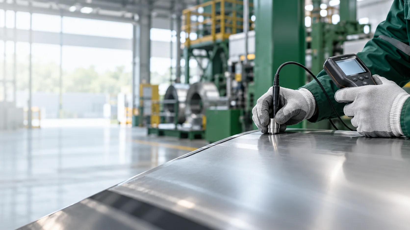 Technician using an instrument to inspect a coated metal surface