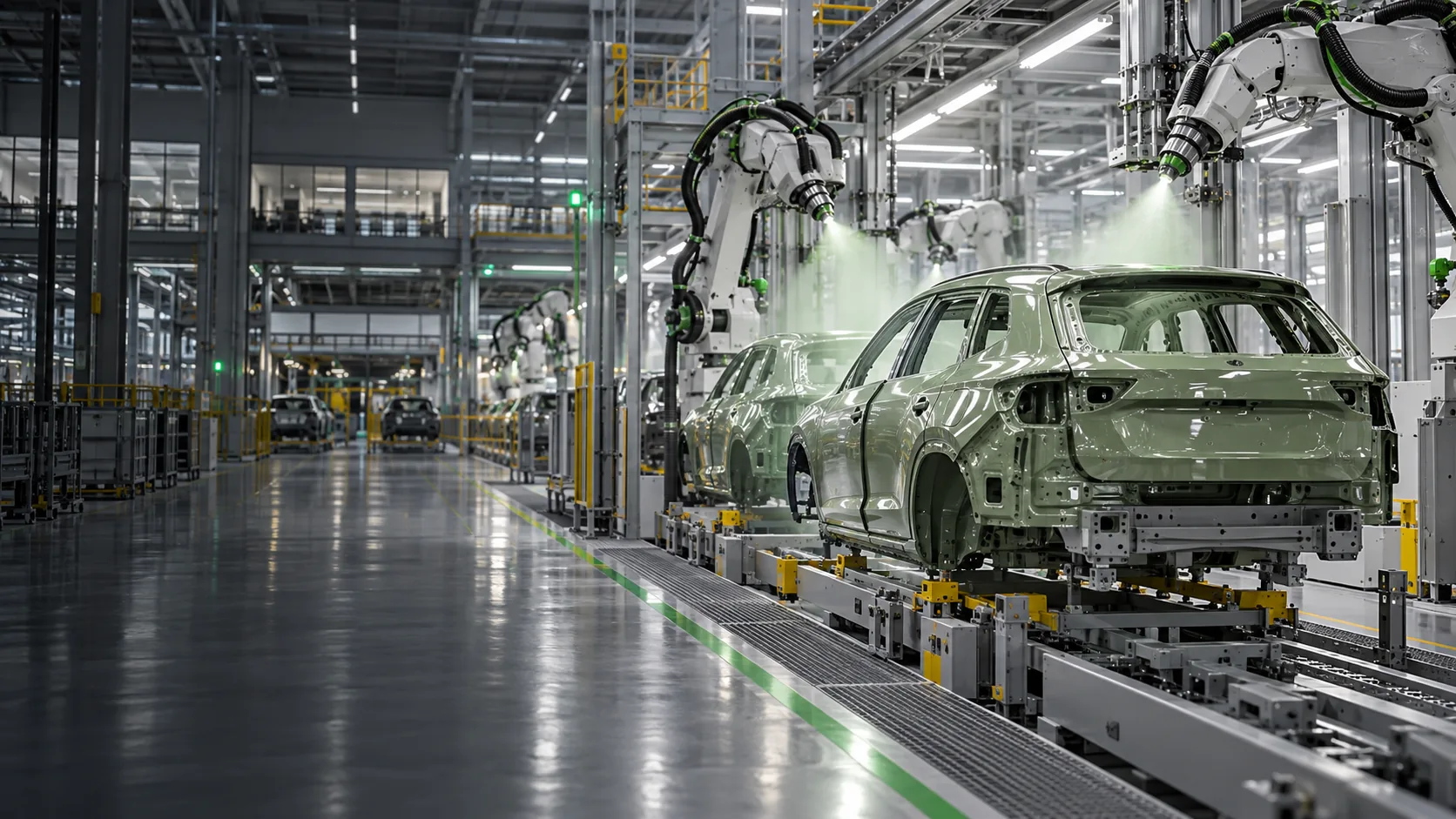 Large automotive finishing line with robotic equipment
